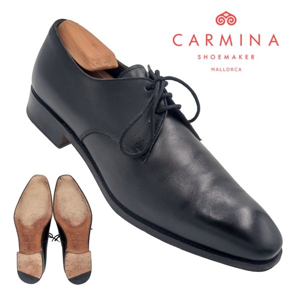 Carmina Shoemaker Luxury Mens 8 Black Calf All-Leather Dress Shoes Derby Oxfords